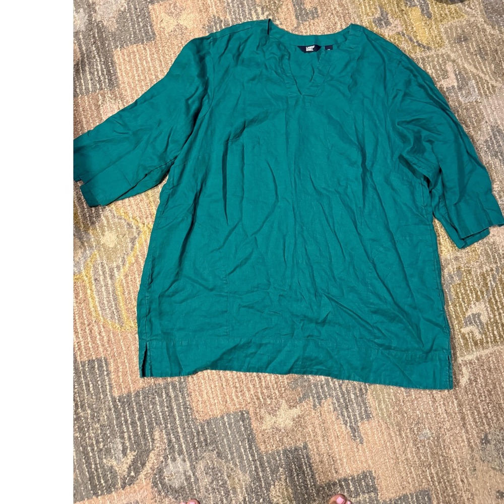 Lands' End Women's Green Linen Blend Tunic Top V-Neck 3/4 Sleeve‎